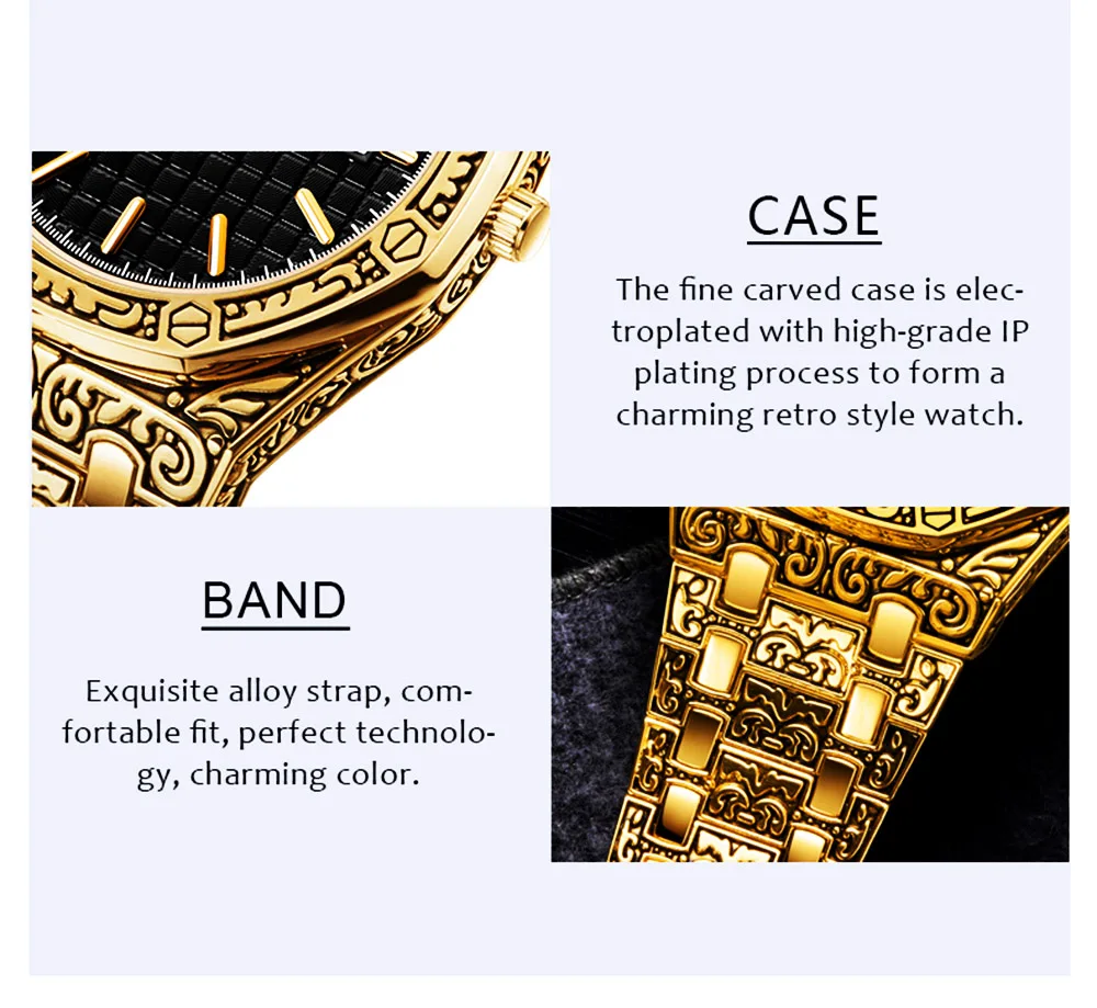 *Nuevo estilo * Reloj de cuarzo con escultura para hombre, reloj de pulsera grabado de acero inoxidable dorado, reloj masculino montre homme para dropshipping