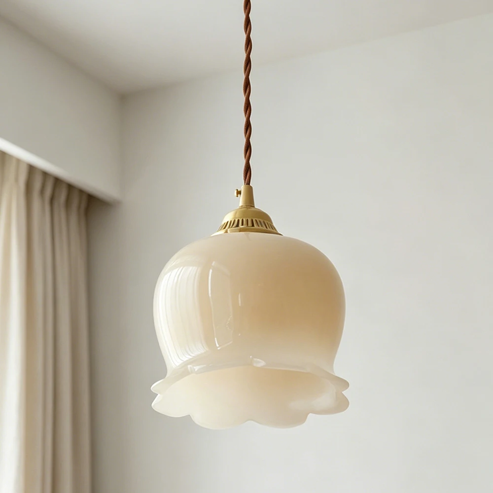Brass Resin Bell Flower Pendant Light Mini Hanging Lamp for Bedroom Bedside Decor