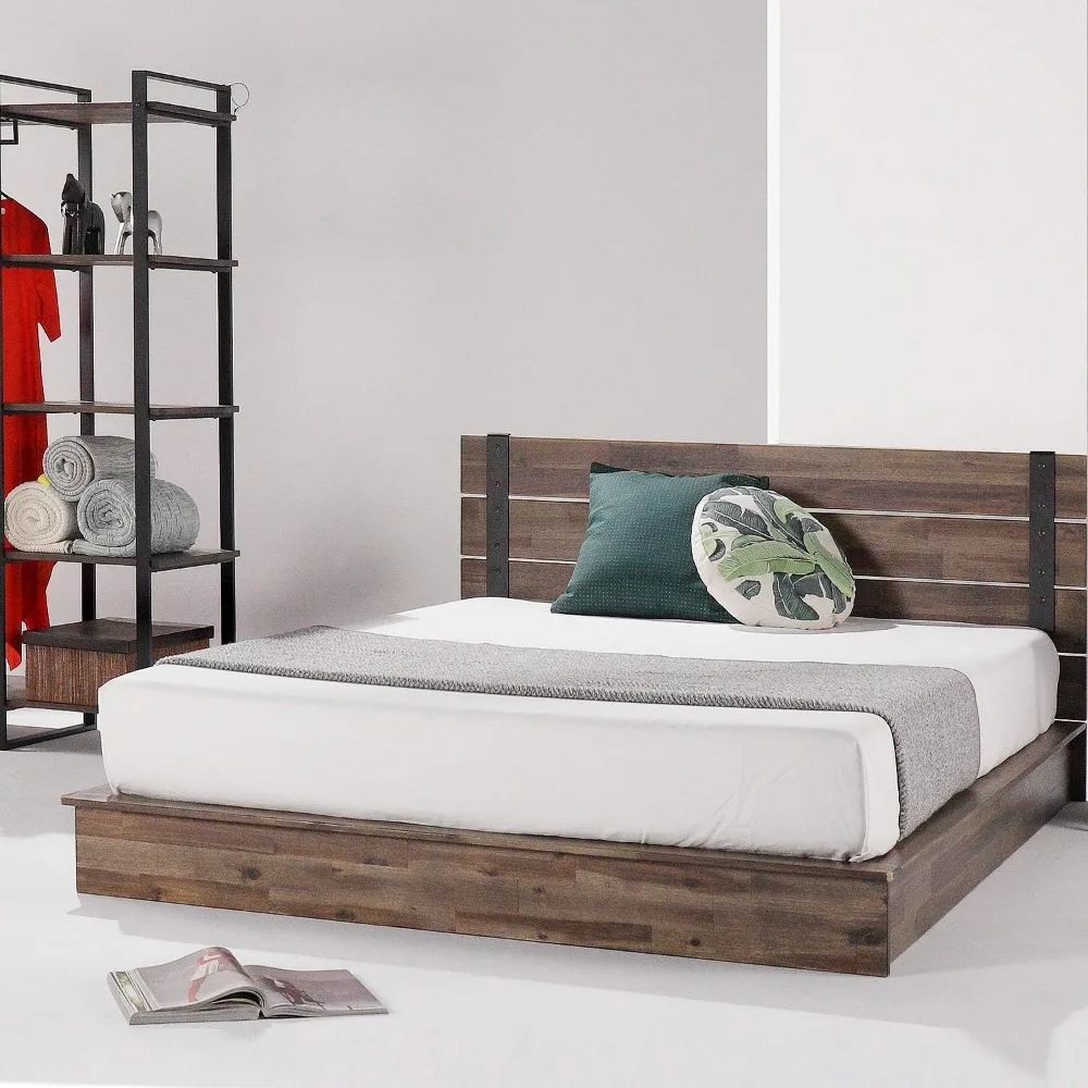 Metal and Wood Platform Bed Frame, Solid Acacia Wood Mattress Foundation, No Box Spring Needed, Easy Assembly,Full