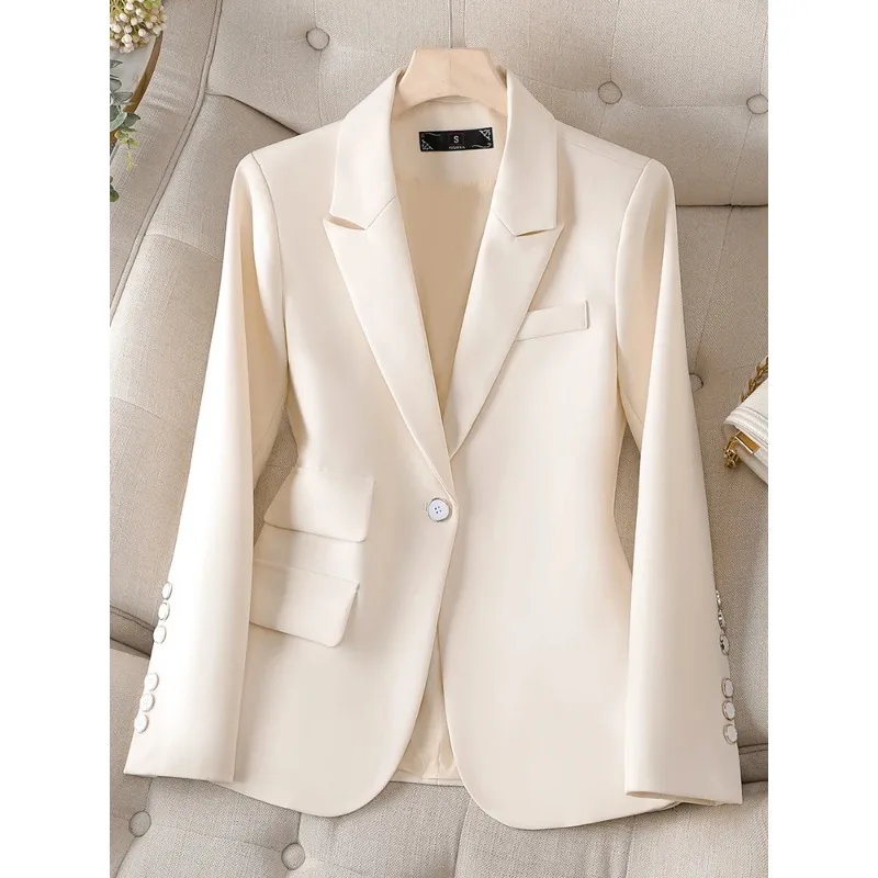 Traje de oficina para mujer, Blazer de manga larga con un solo botón, color negro y Beige, chaqueta informal lisa