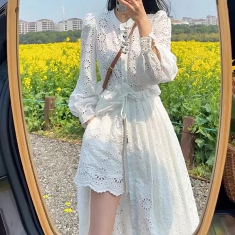 

2026 French holiday style jacquard hollow lace dress women's summer high sense niche temperament thin medium and long dress tide