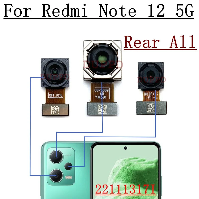 Wide Back Main Camera For Xiaomi Redmi Note 12 5G 22111317I Front Rear Camera Module Flex Cable Spare Parts