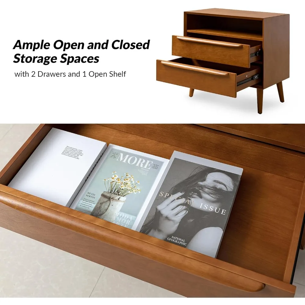 منضدة مع محطة شحن، درجين حديثين من منتصف القرن وخزانة رف مفتوحة لغرفة النوم، وطاولة بجانب السرير مخدد، وبلوط