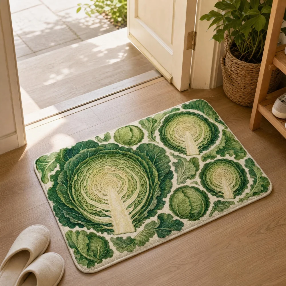 Vintage Cabbage Print Flannel Doormat, Non Slip Indoor Entrance Floor Mat, Farmhouse Vegetable Pattern Area Rug, Multiple Sizes