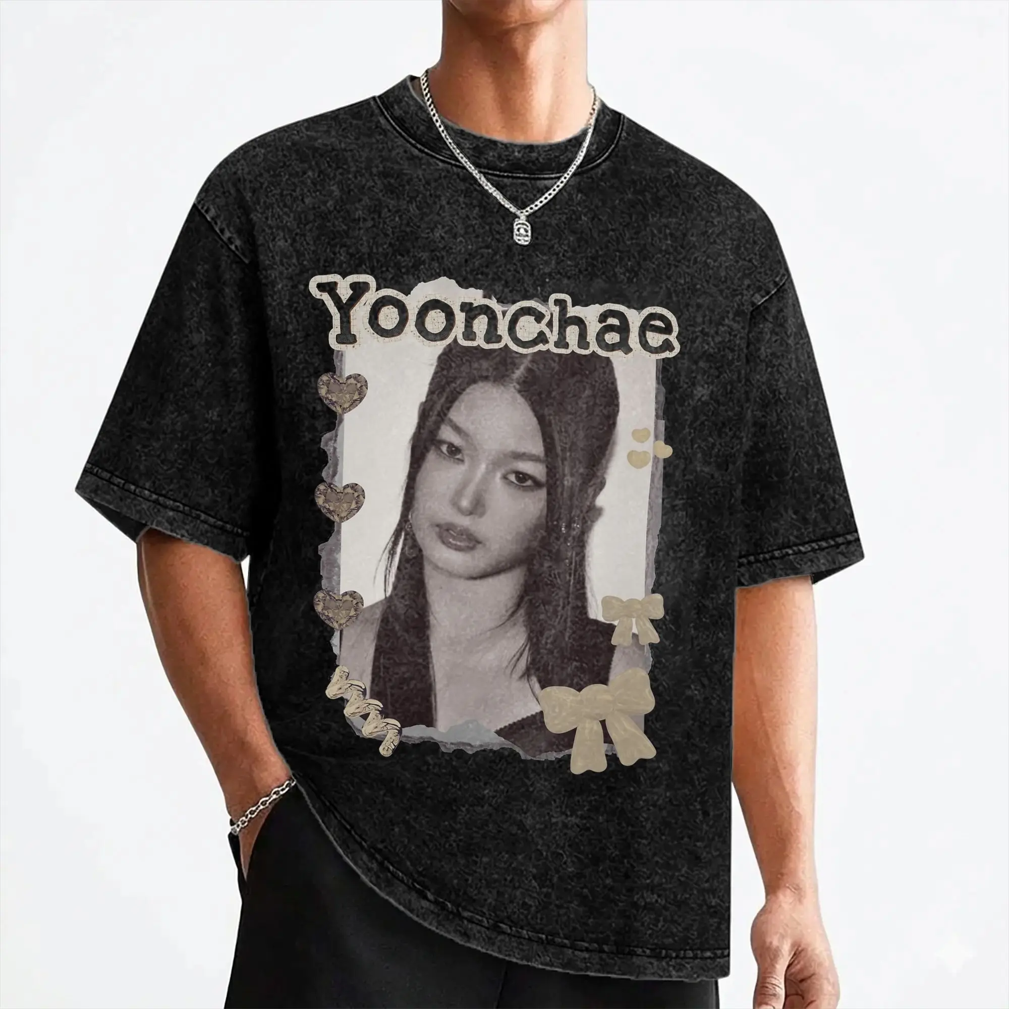 Yoonchae Katseyes Kpop Girl Group T Shirt Washed Short Sleeve Oversize T-Shirt Novelty for Men Women Streetwear Summer Tee Shirt