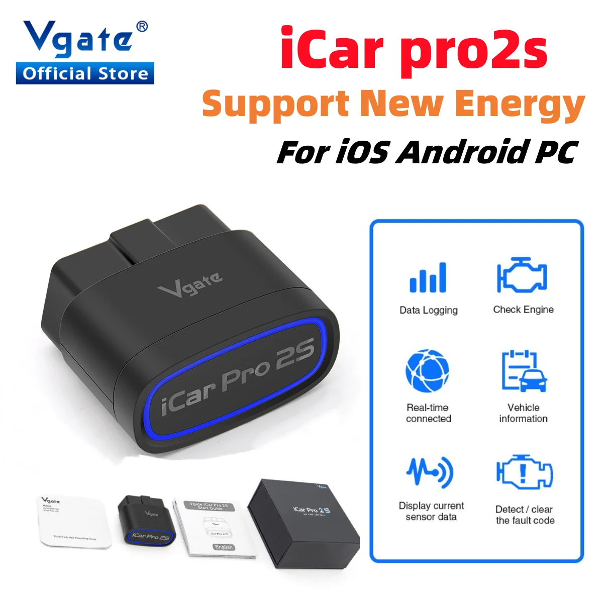 

New Vgate iCar Pro 2S ELM327 Bluetooth 5.3 for Android/IOS/PC OBD2 Car Diagnostic Tool elm 327 Upgraded OBD 2 V2.3 Auto Scanner