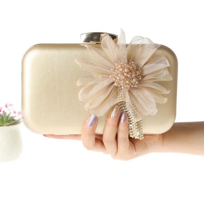 

Prom Party Flower Handbags for Women Fashionable Ladies 3D Appliques Clutch Purse Daily Matching Square Evening Bag Gold Pink