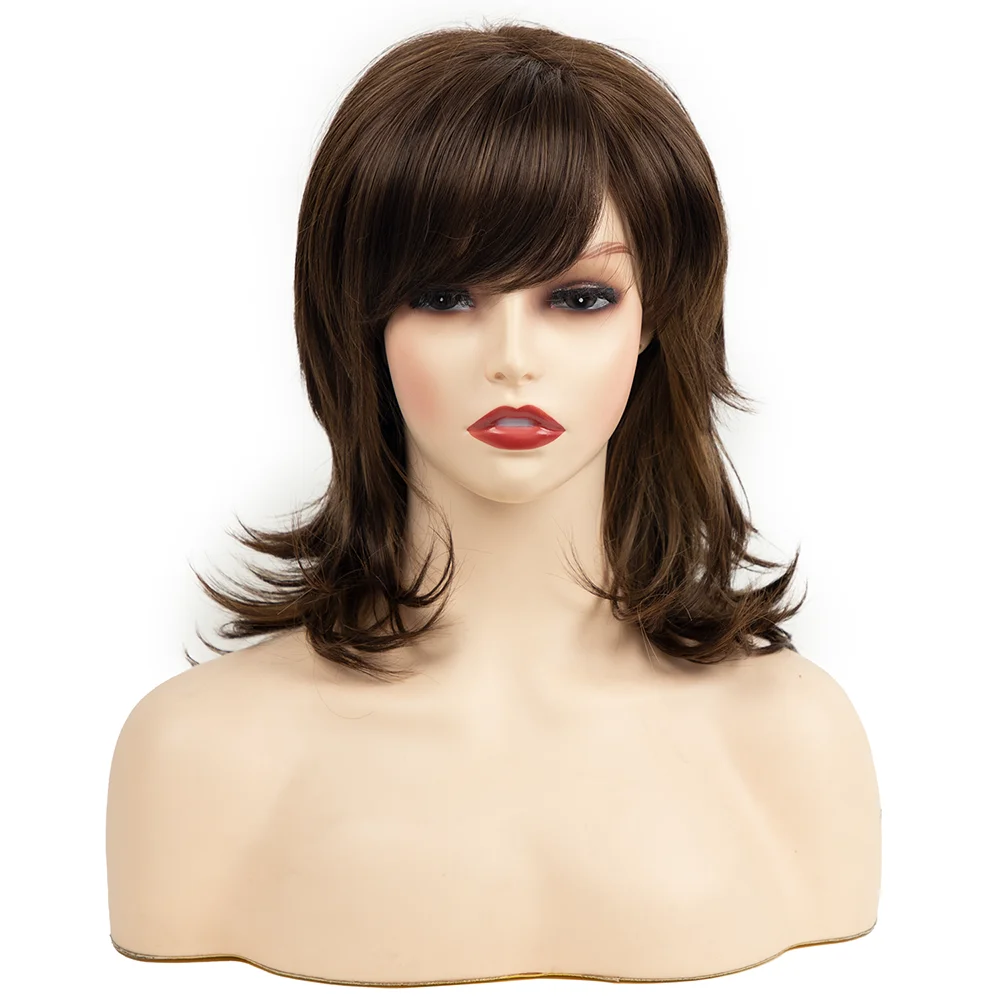 Short Straight Synthetic Wigs for Women Natural Wave Wigs with Side Bangs Cosplay Brown Hair Curly Bob Wig Heat Resistant