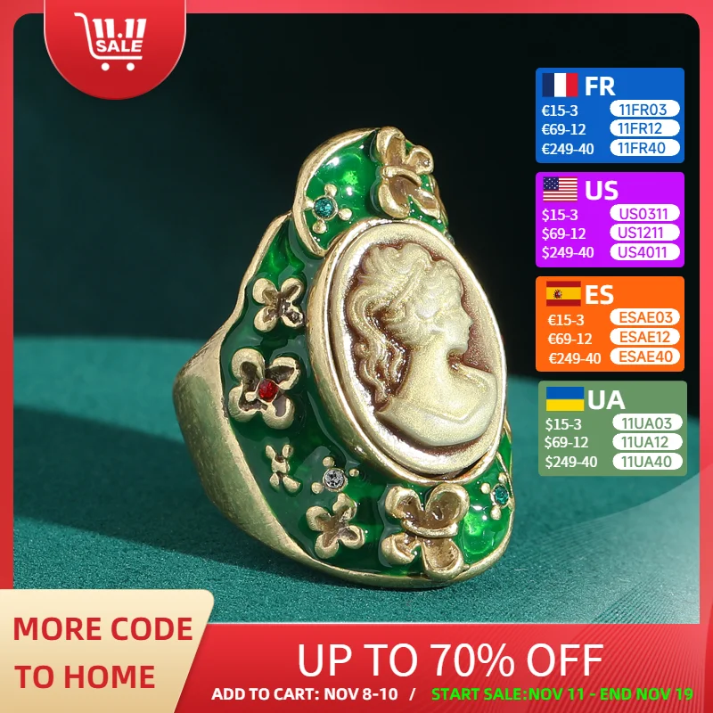 

Vintage Antique Relief Cameo Rings Green Jewelry Flower Beauty'S Head For Women Natural Stone Coral Party Finger Accessories