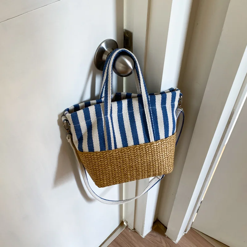 

Korean Chic Canvas Straw Handbag Women's 2025 Summer Fashion Splicing Striped Casual Shoulder Messenger Bag