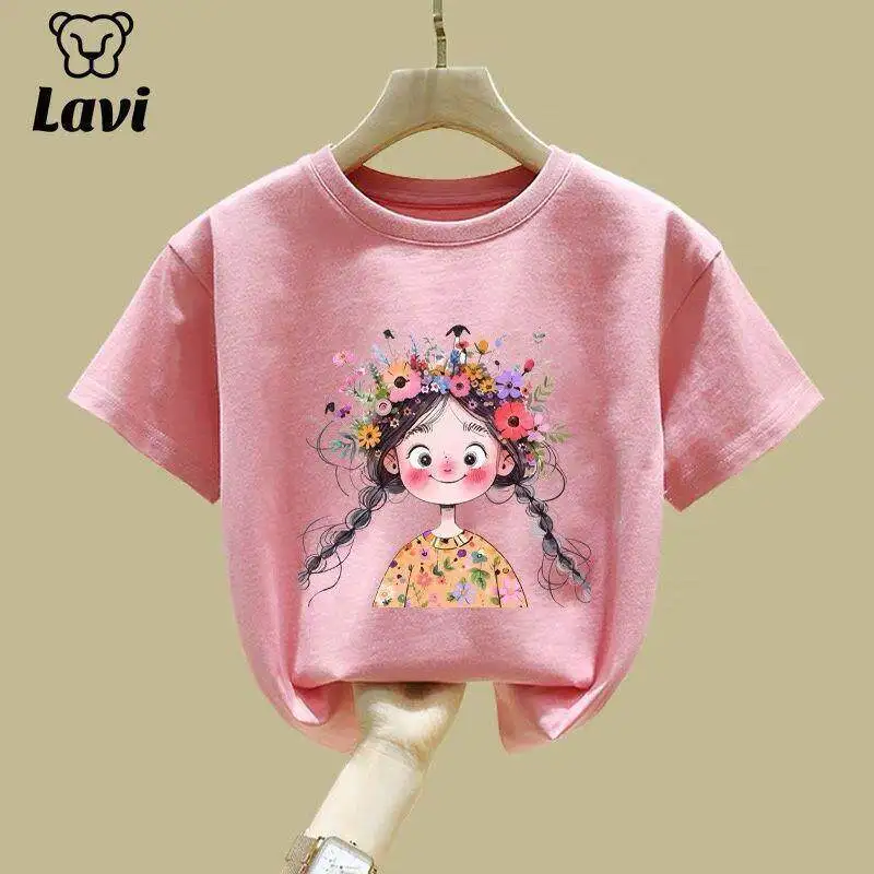 Trendy Brand Pure Cotton Children's T-shirt New Cute Flower Fairy Print Parent-child Casual Round Neck Short Sleeved Shirt
