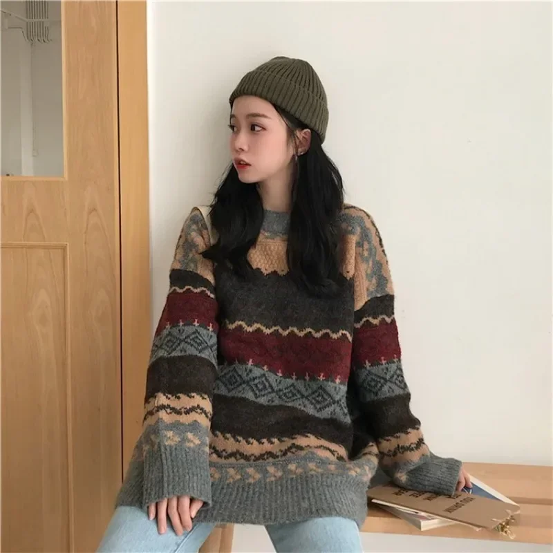 Autumn Vintage Sweaters Women Pullover Winter Striped Hoodie Korean Style Knitwear Loose Pullover Casual Sweater Y2k Streetwear