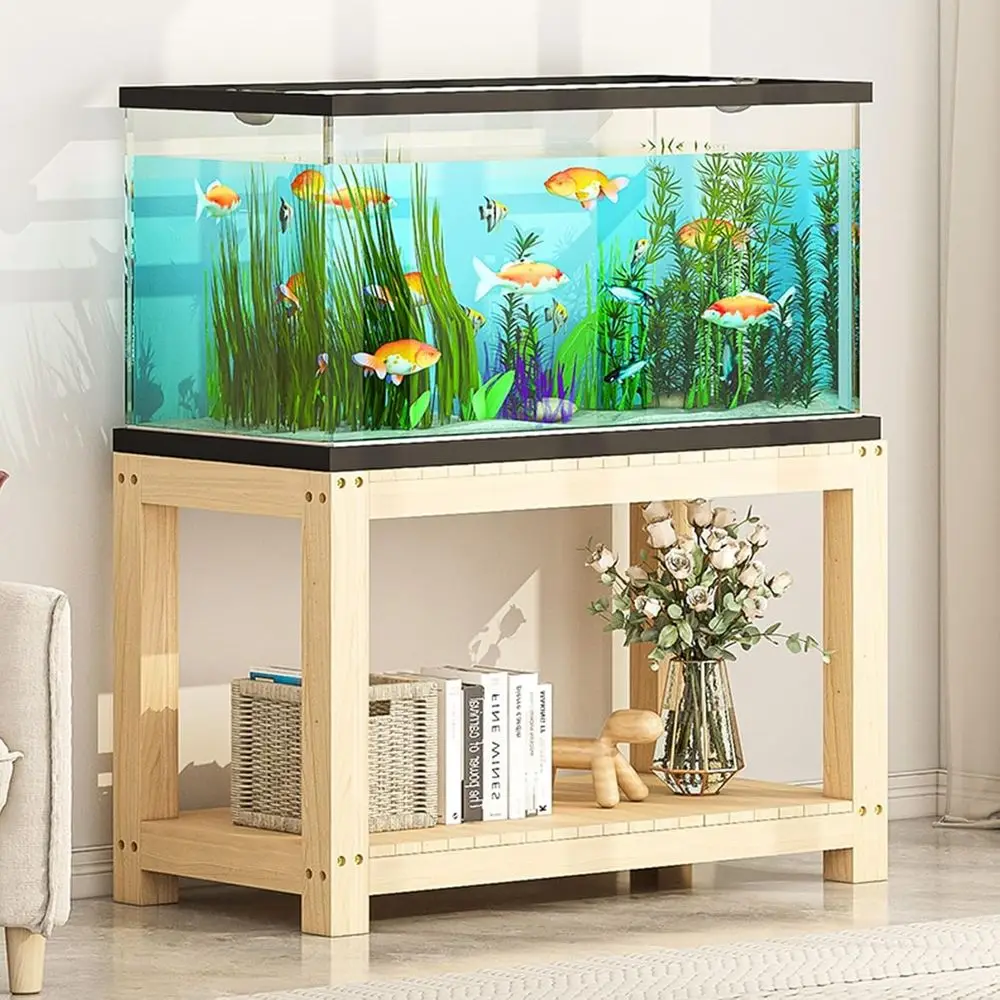 

Solid Wood Aquarium Stand - Heavy Duty Natural Pine Tank Stand with 2-Tier Storage | Ideal for Reptiles, Plants, and Printers |