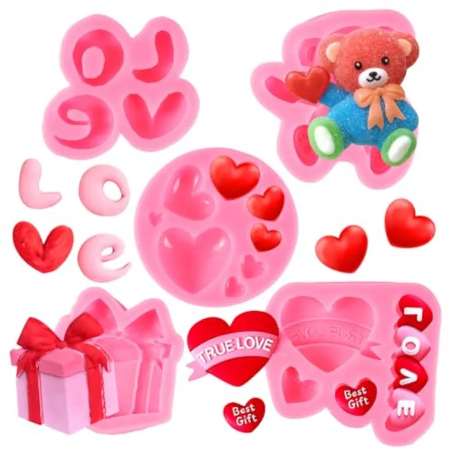 Juego de 5 Moldes de Silicona para Chocolate en Forma de Corazón, Moldes de Silicona para Chocolate de San Valentín con Forma de Oso, Letra LOVE y Caja de Regalo, Color Rojo