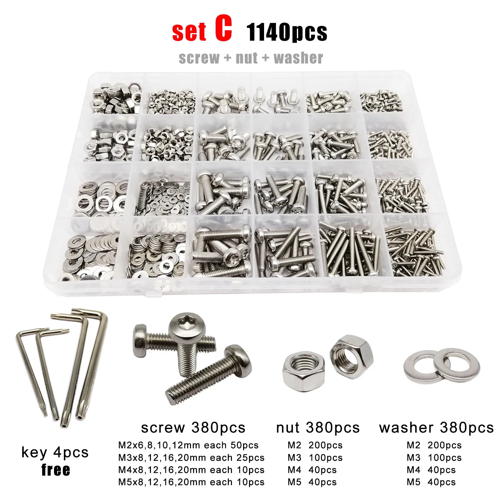 400/2100pcs M1.6 M2 M2.5 M3 M4 M5 GB2672 304 Stainless Steel Six Lobe Torx Pan Round Head Screw Bolt Nut Set Assortment Kit Box