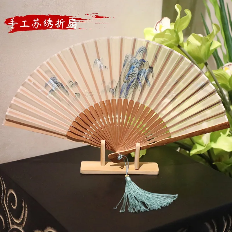 Chinese Style Handmade Embroidery Suzhou Double-Sided Fan National Artistic Characteristic Hand Gift