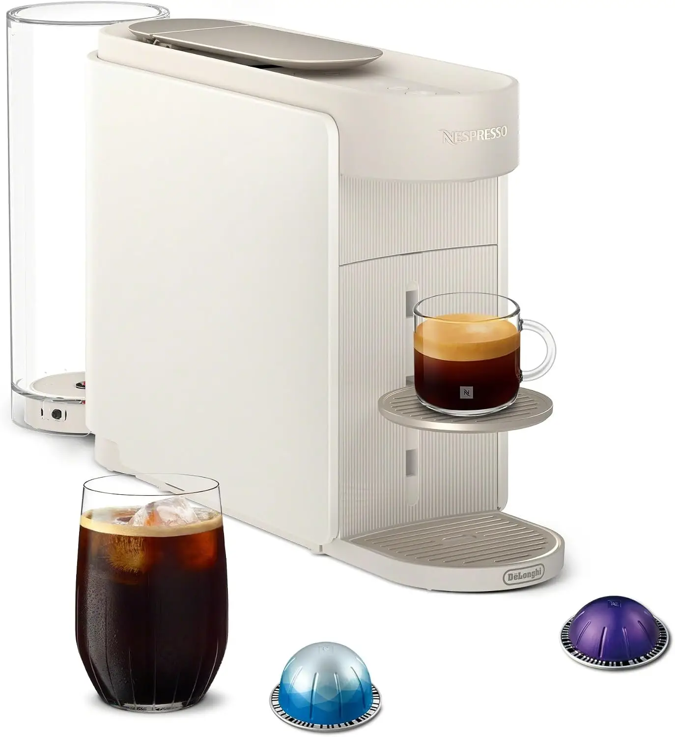 Vertuo Up Coffee & Espresso Maker by De'Longhi, White | Pearl white coffee machine with 3 second start, 47 oz. multi-position