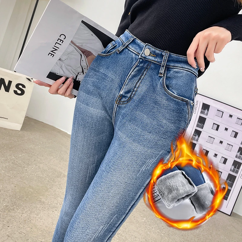 

Новые зимние джинсы, женские плюшевые утолщенные эластичные брюки, повседневные винтажные модные тонкие женские флисовые джинсовые брюки