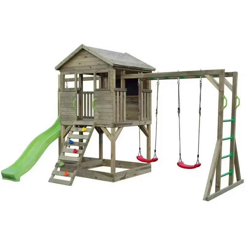 Outdoor Toddler Wooden Playhouse with Plastic Slide Kids Playground Equipment