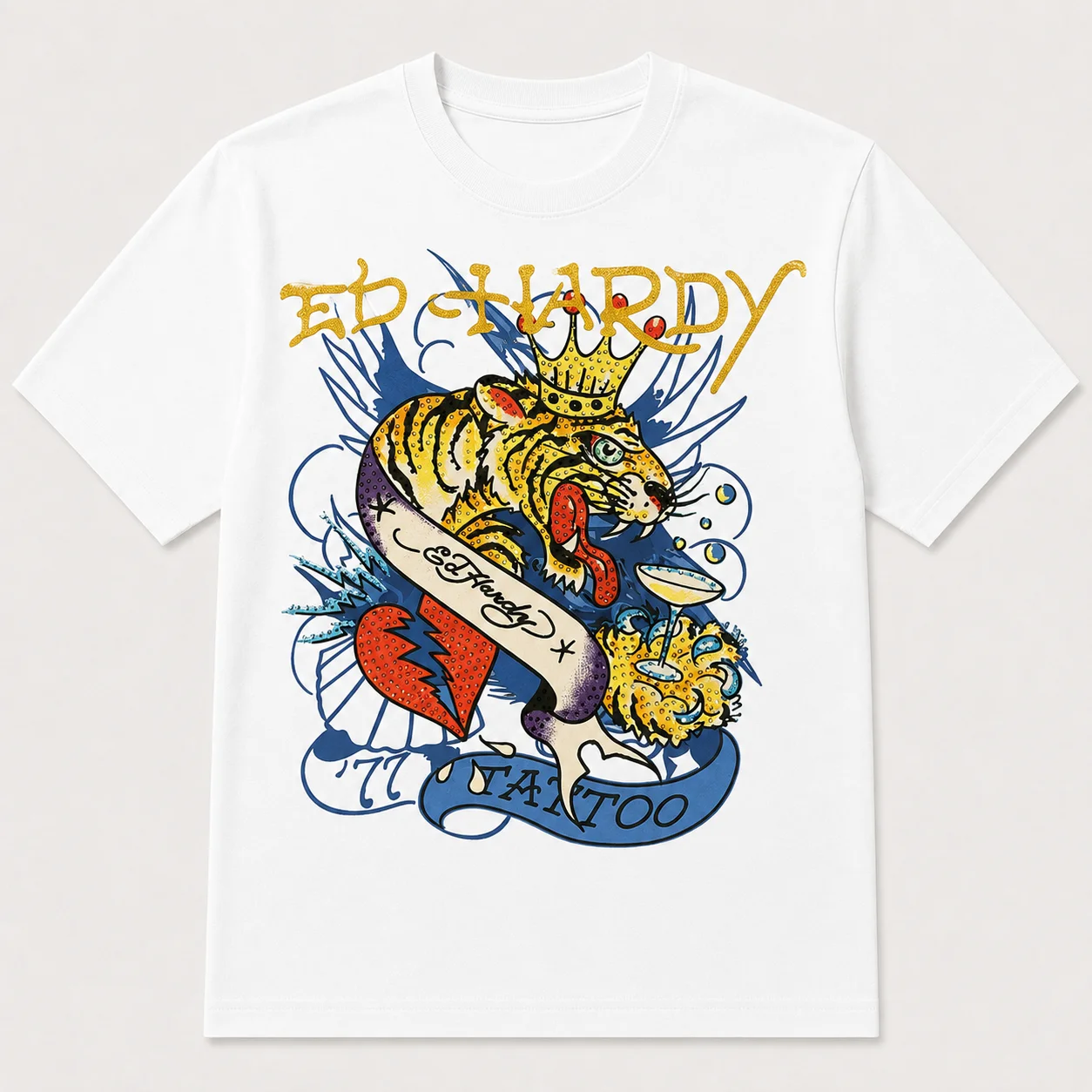 Y2K Harajuku Streetwear Rundhals-T-Shirt mit Gold-Gothic-Schrift und Kronen-Tiger-Tattoo-Banner-Druck, atmungsaktives Baumwoll-Oberteil für Männer und Frauen – Detail 3