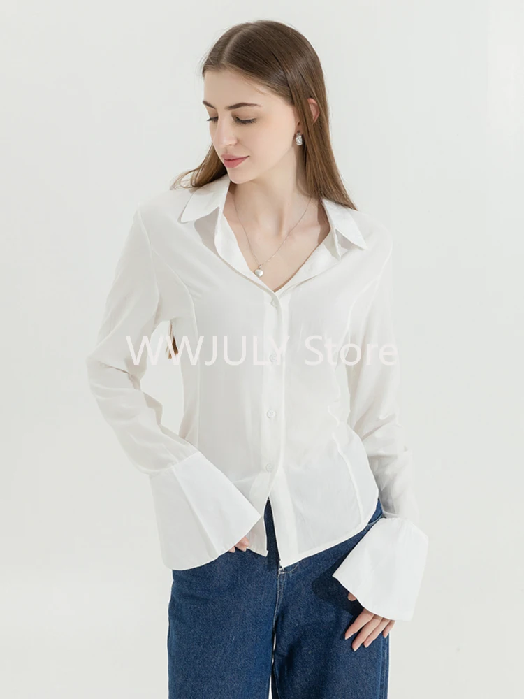 2024 New Women Retro Solid Color Slim Chiffon Shirt Turn-down Collar Flare Sleeve Tunic Bandage Design Female Blouses