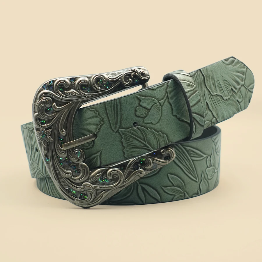 Vintage Dark Color Carved Women's Belt with Leaf Print, Versatile for Autumn and Winter Casual Belt, Daily Commuting Decoration