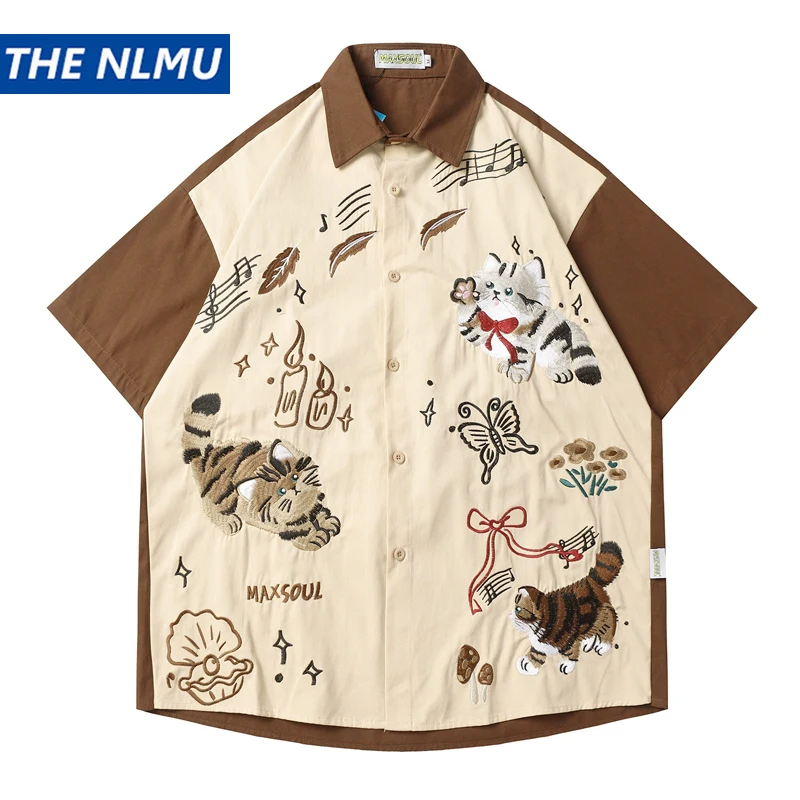 

Summer Loose Cotton Shirt Men Women Funny Cat Embroidery Patchwork Casual Short Sleeve Shirts Top Unisex Streetwear