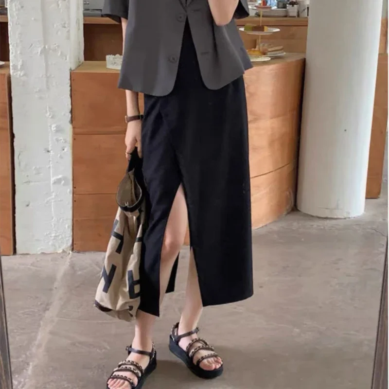 

Skirts Women Ankle-length High Waist A-line Solid Design Korean Style Sexy Ulzzang Ladies Retro Gentle Streetwear Casual Fashion