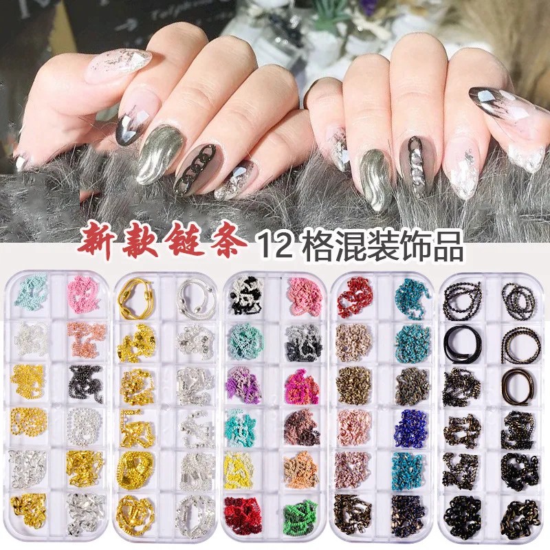 

12Grids Mixed Punk Metal Chains Rivets Nail Art Decoration Rhinestones Alloy Beads Nails Charms Jewelry 3D Manicure Accessories