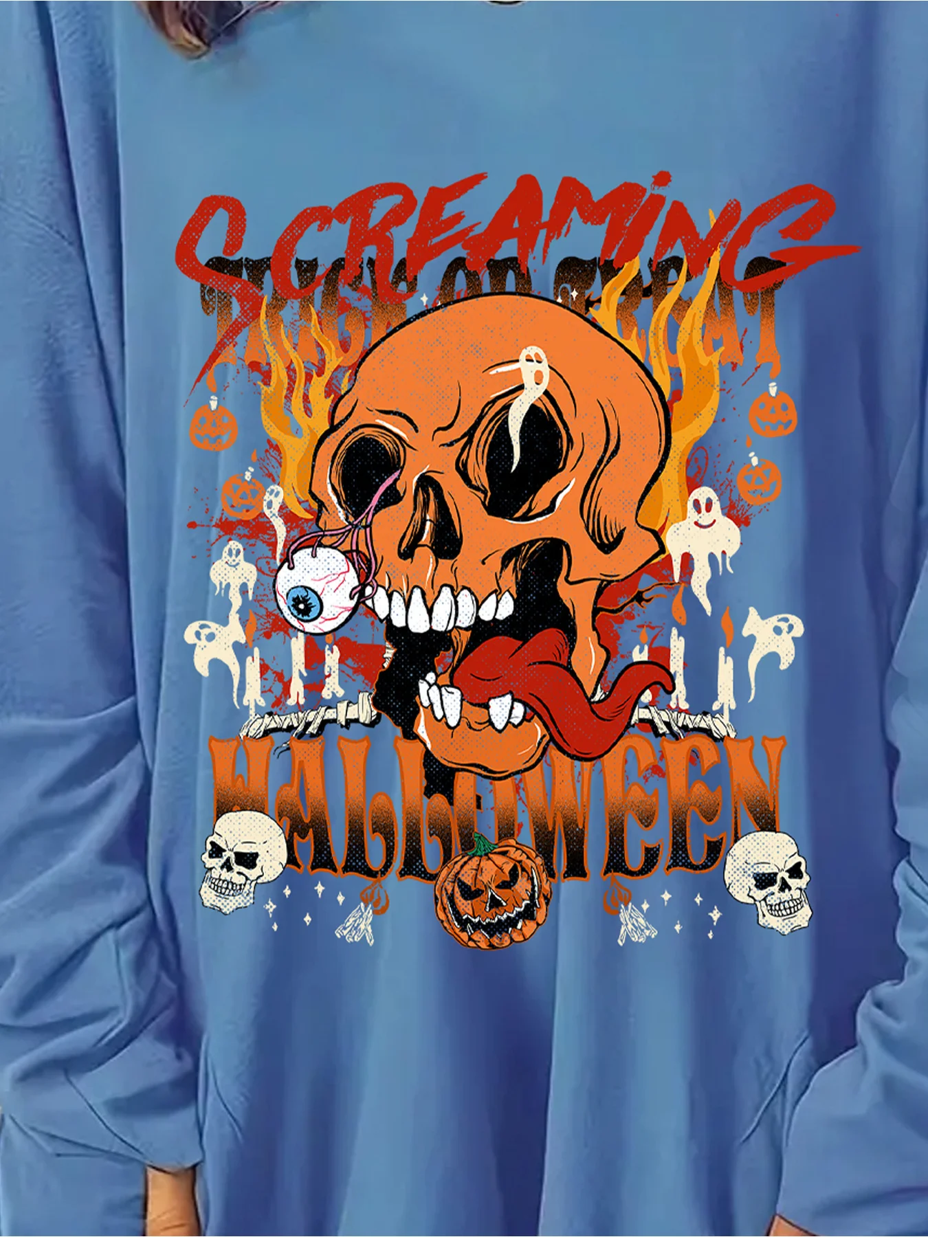 Fashionable plus size long sleeved round neck women's clothing, personalized and quirky skull flame print loose hoodie view 3