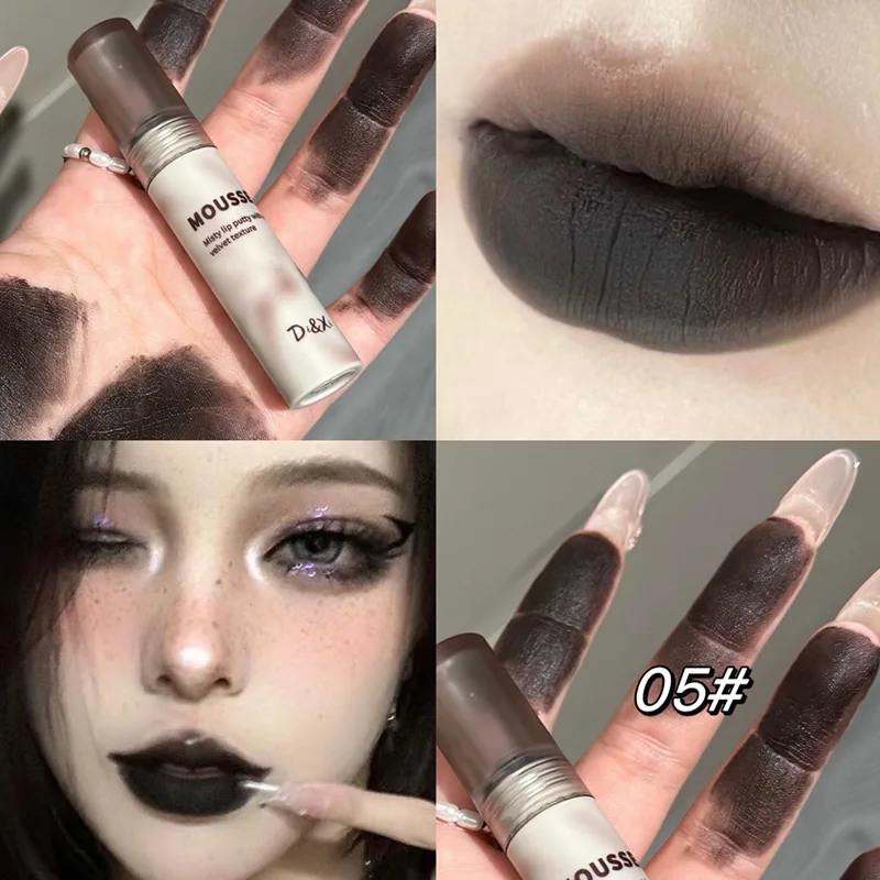 สาวร้อน Cool ลิปสติกสีดํา Silky Smooth Lip Mud Mousse Matte Gothic ลิปสติก Clay Dark Lip Glaze Holding แต่งหน้า Non-stick Cup