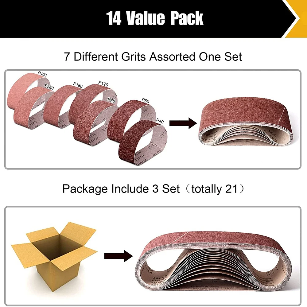 4X36 Inch Annular Sanding Belts 14 Pack Belt Sander Paper 40/60/80/120/180/240/400 Grits Assortment Sanding Belt