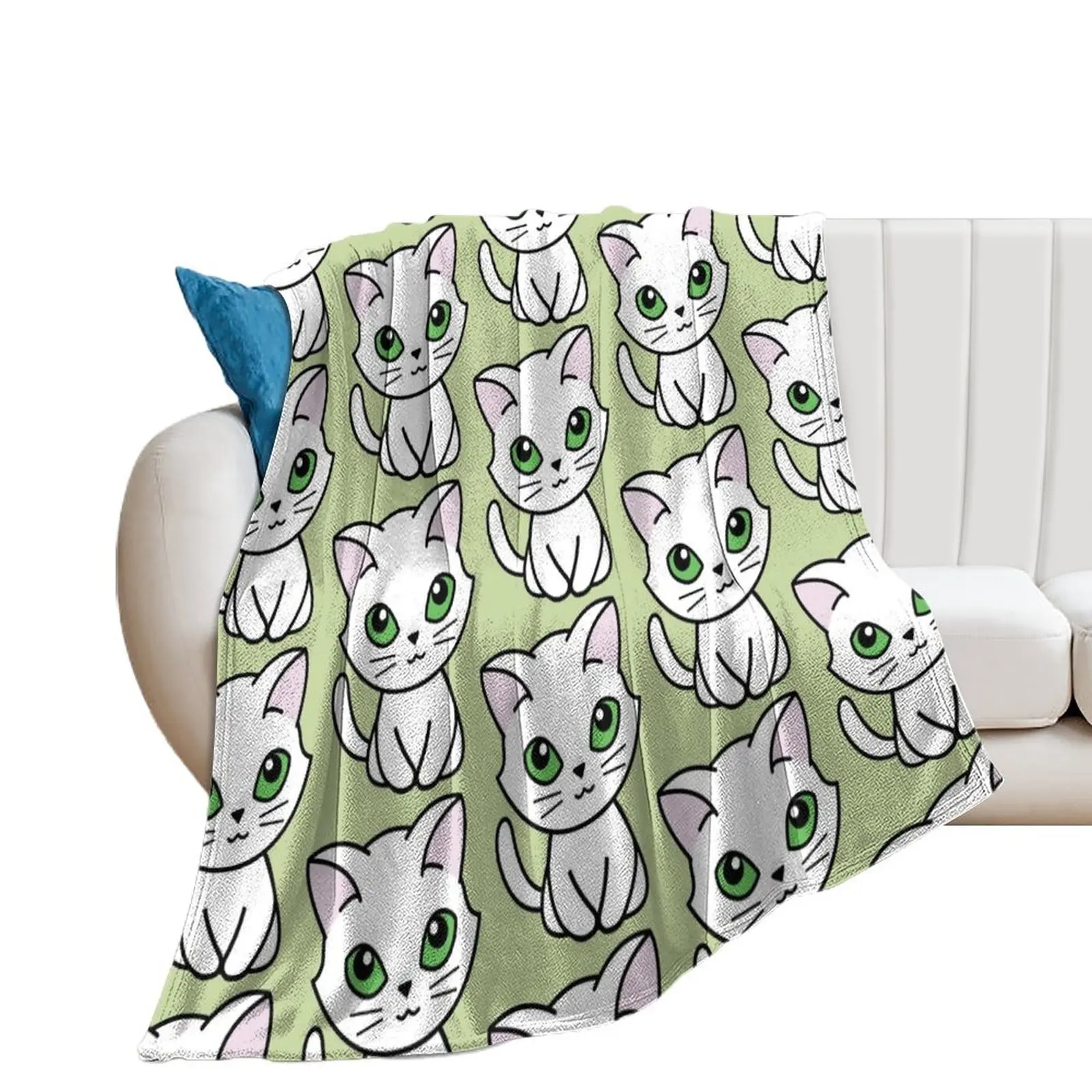 

White Cat - Green Eyes Throw Blanket For Decorative Sofa Soft Big Blankets