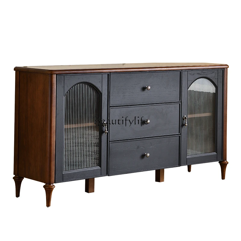 

**French retro solid wood dining side locker integrated against the wall living room storage tea cabinet