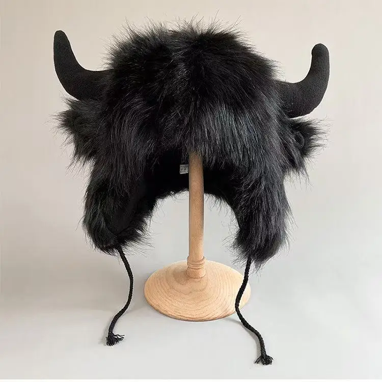

Funny Winter Thicken Cow Horn Hat Men Women Soft Plush Ear Protection Hat Windproof Outdoor Cycling Bull Demon Hat Male XmasGift