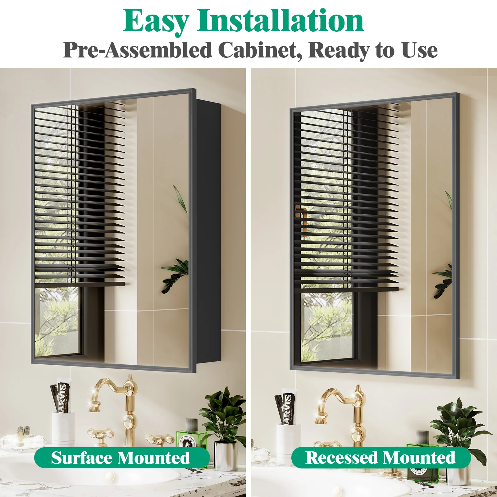 خزانة طبية للحمام باللون الأسود مع خزانة مرآة مثبتة على الحائط مقاس 16 بوصة × 22 بوصة #4