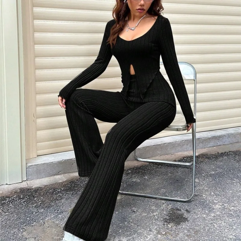 Casual Long Sleeve Knitted Suit High Waist Slim Fit Trousers Office Women Fashion Elegant Slim Fit Top Trousers 2 Piece Suit