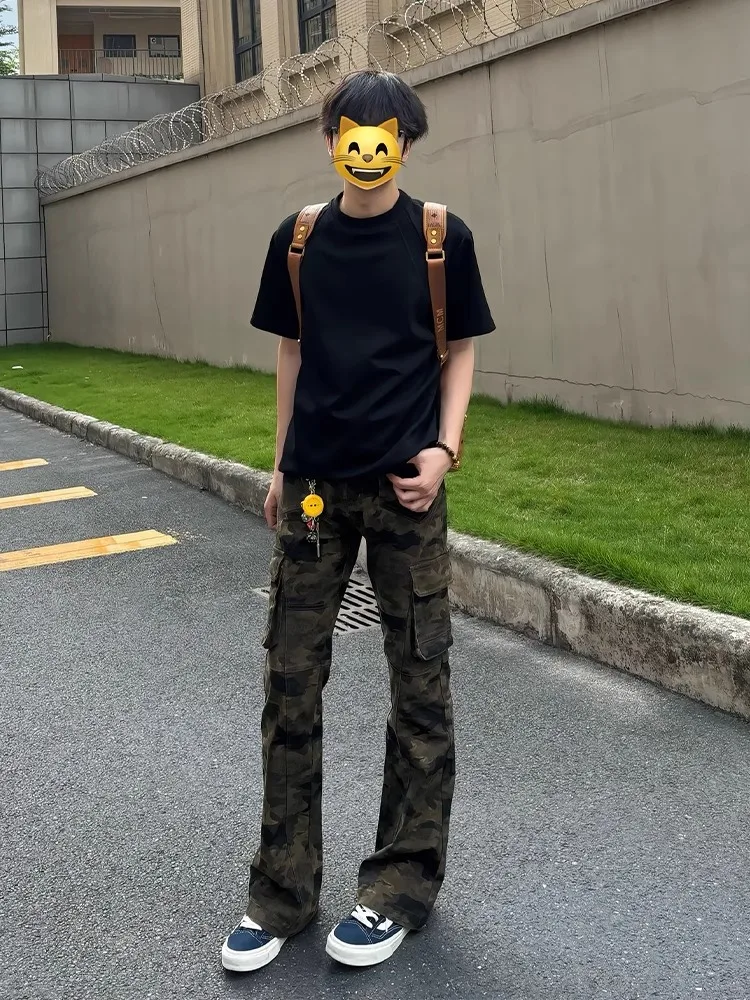 

American Retro Camouflage Wide Leg Workwear Jeans Men's High Street Vibe Slimming Straight Leg Pants Breathable Summer Jeans
