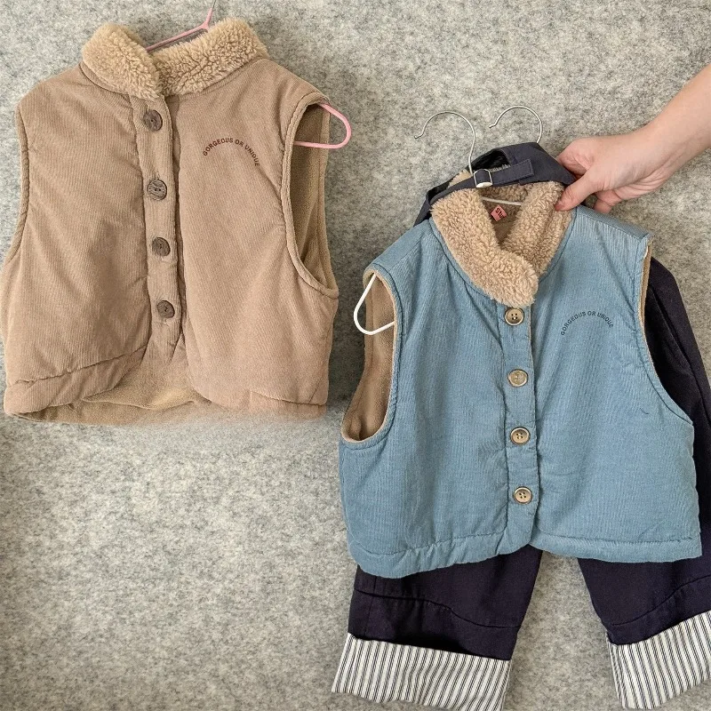 2026 New Autumn Winter Children's Korean Embroidered Quilted Vest Boys Girls Fleece Lining Thicken Warm Waistcoat Kids Outerwear