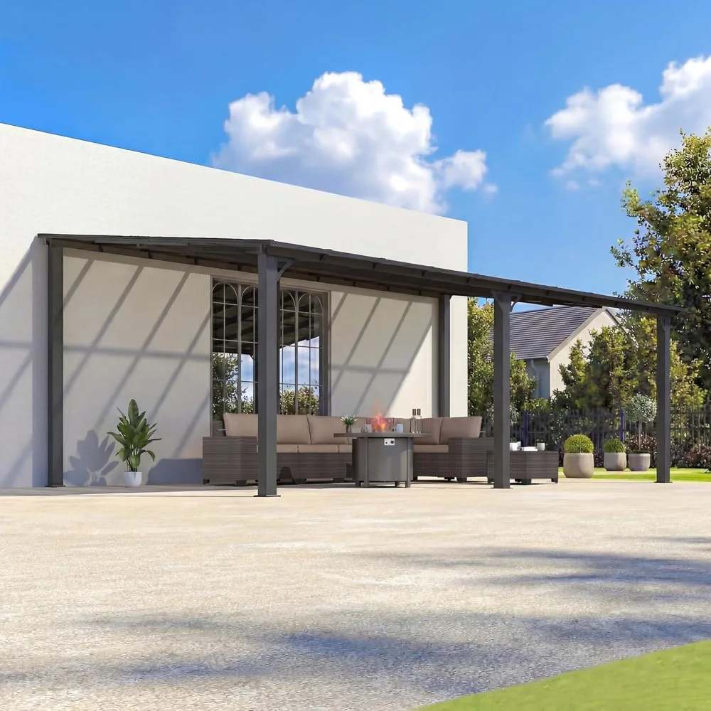 

12x20 FT Pergola Galvanized Steel Sloped Roof Wall Mounted Outdoor Backyard Deck Ground Anchor Sturdy Structure Custom