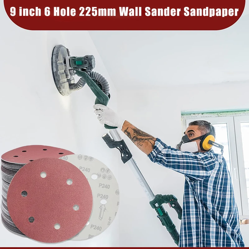 10pcs 9 inch 6 Hole 225mm Wall Sander Sandpaper Metal Grinding Disc Abrasive Polishing Tool 60-800 Grit Sanding Discs
