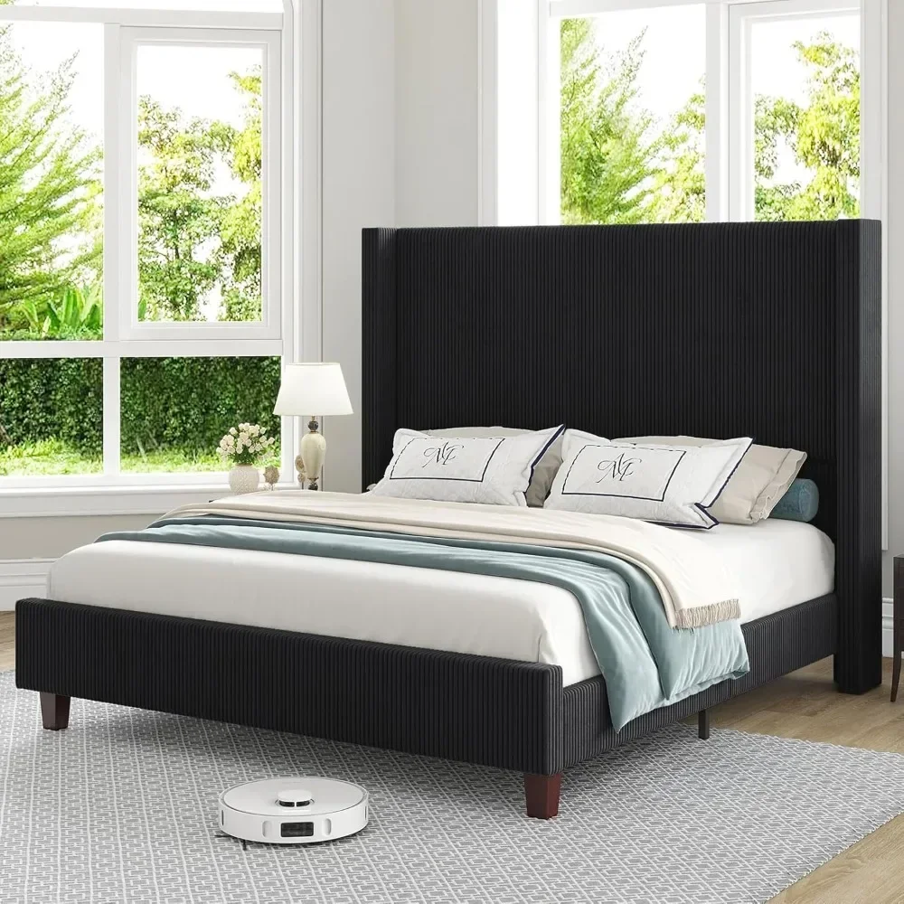 

Queen Size 61" Corduroy Upholstered Bed Frame, Platform Bed with Vertical Stripe Wingback Headboard, No Box Spring NeededZL