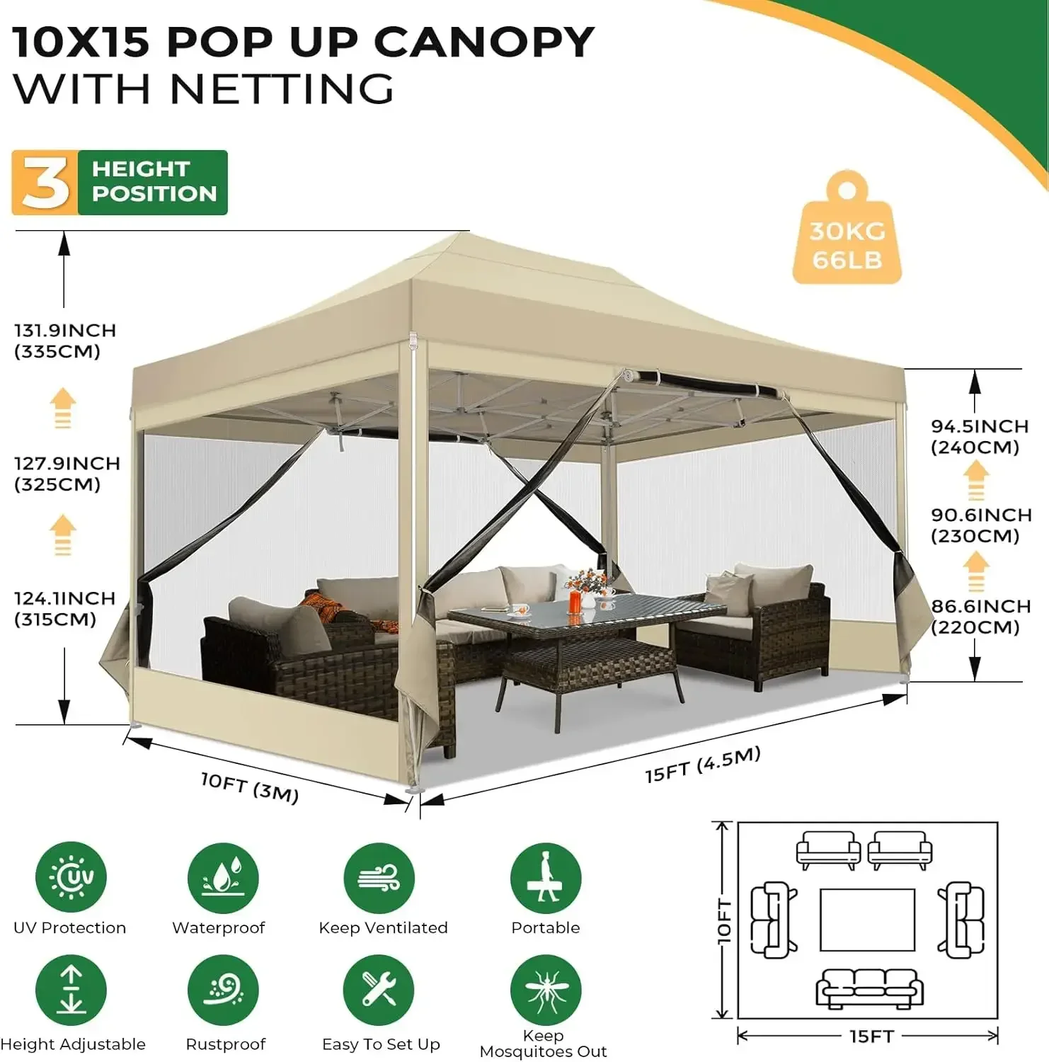 10x15 Heavy Duty Pop Up Canopy Tent with 4 Sidewalls, Commercial Gazebo Party Tent with Mosquito Netting Wall Easy Set Up Outdoo