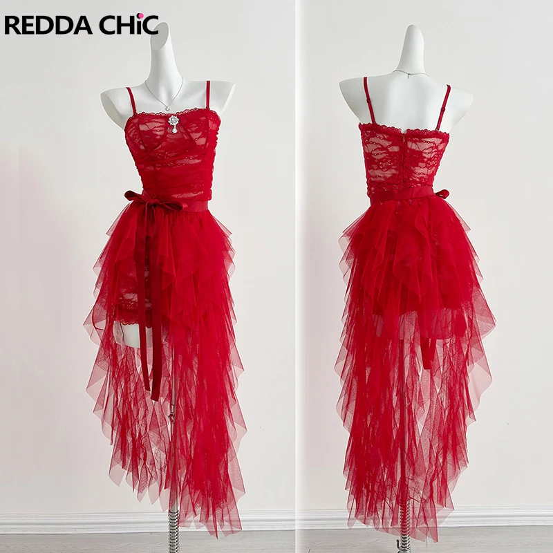ReddaChic Women Long Train Party Dress Rhinestone Brooch Lace Corset Spaghetti Straps Strappy Hi-Lo Dress Summer Retro Clothes