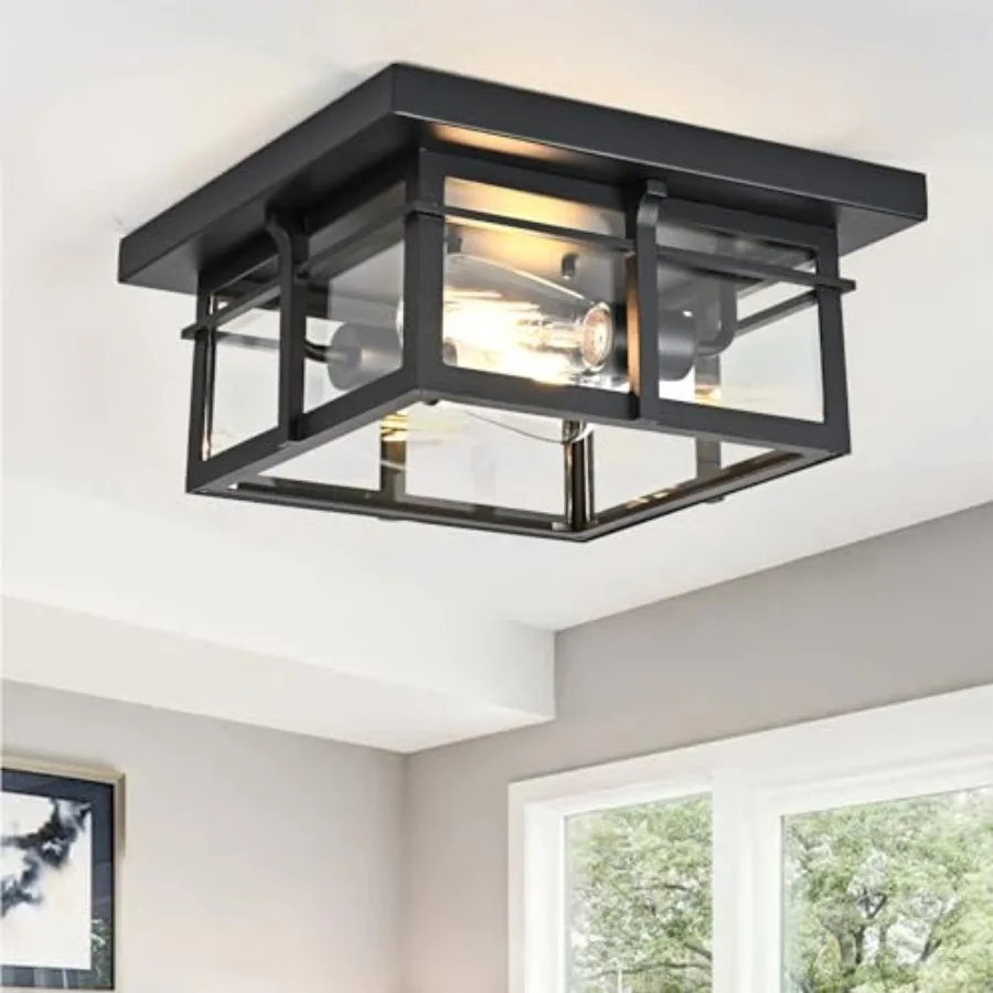 Farmhouse Ceiling Light Fixture Black 2-Light with Clear Glass, Square Flush Mount Ceiling Light for Hallway Kitchen Bedroom Po