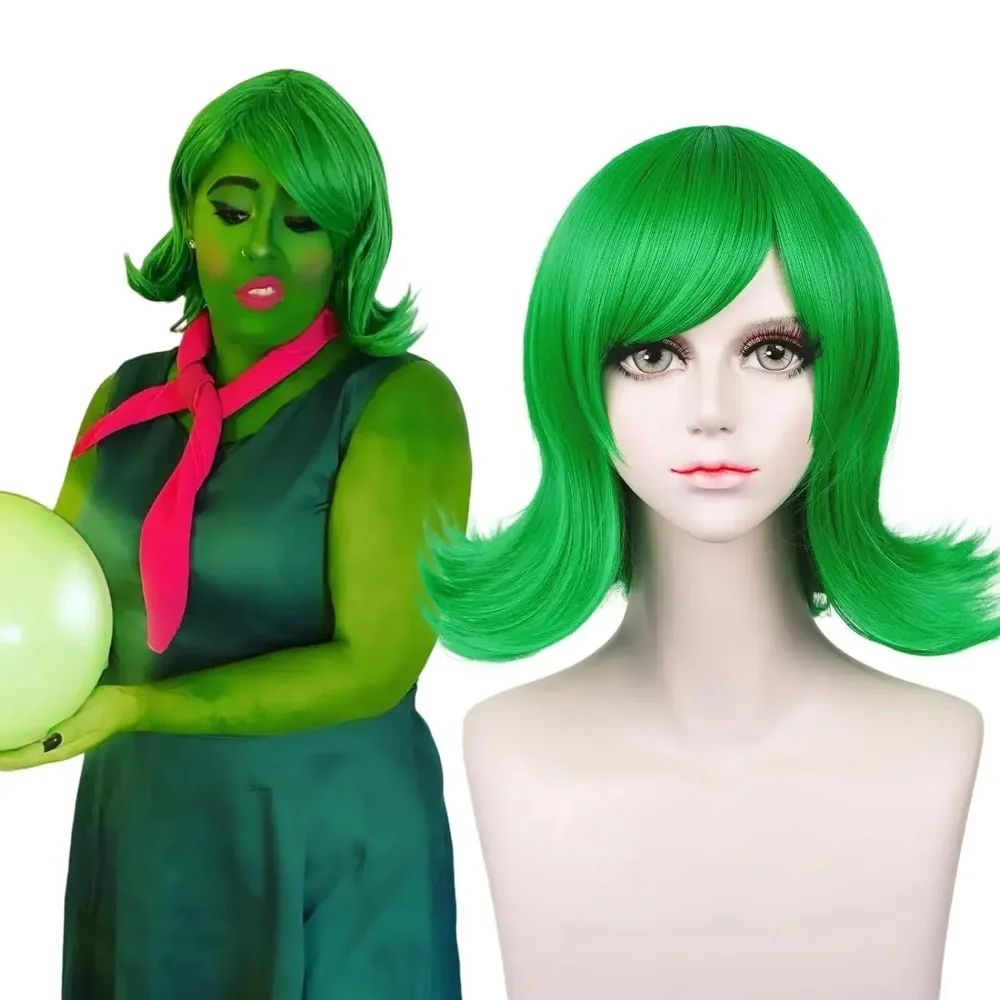 

inside out Disgust Bob Wig Women Short Green Wig Girls Cosplay Wigs Heat Resistant Synthetic Halloween Costume Party+ Wig Cap
