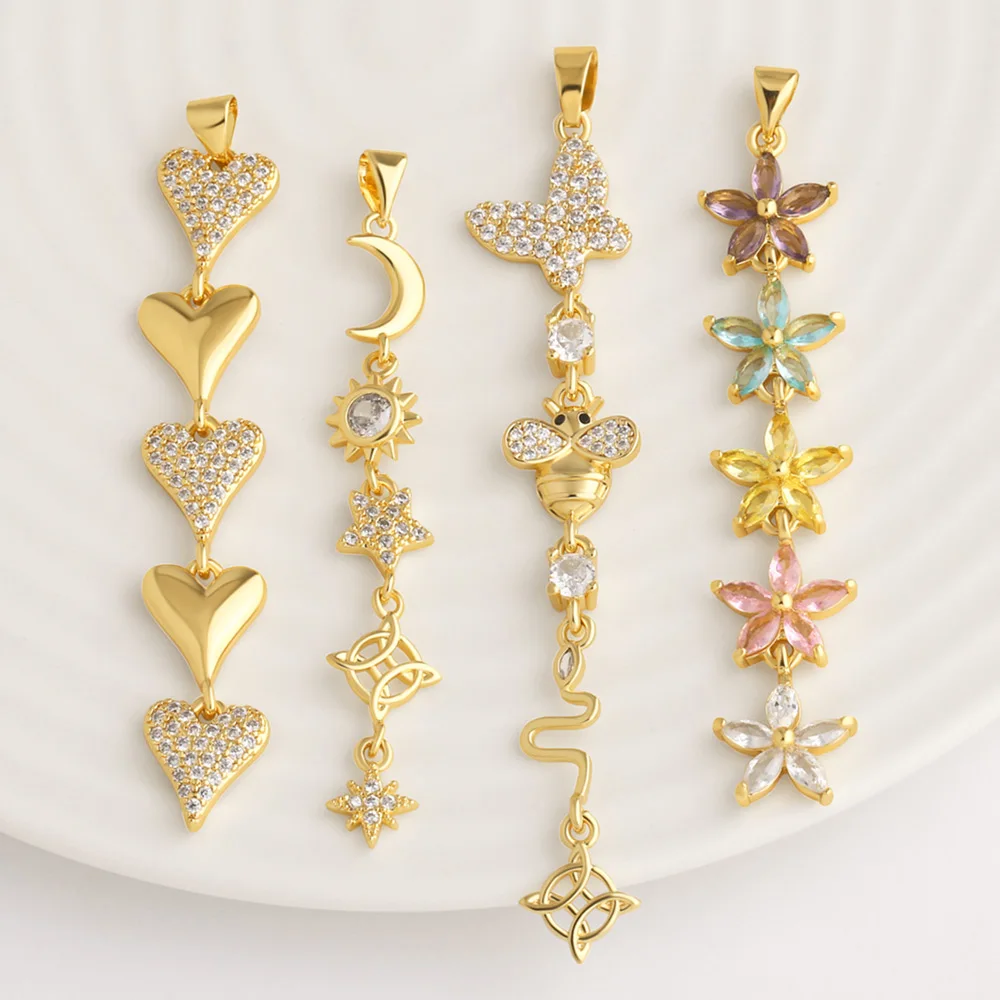 OCESRIO Long Heart Flower Pendant for DIY Copper Gold Plated Crystal Butterfly Bee Moon Star Charm Jewelry Making pdta099