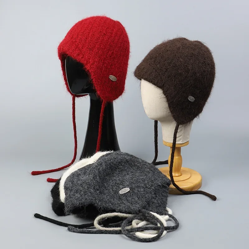 Autumn Winter New Models Wool Blended Knitted Beanie Hat Mohair Cold-proof Women\'s Warm Ear Protection Headgear Bomber Hat
