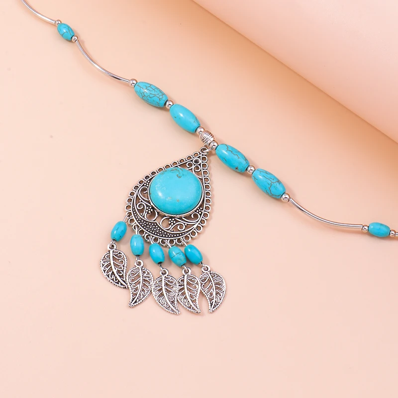 Bohemian Turquoise Tassel Necklaces for Women Ethnic Tree Leaf Pendants Statement Necklace Girls Party Jewelry Gifts