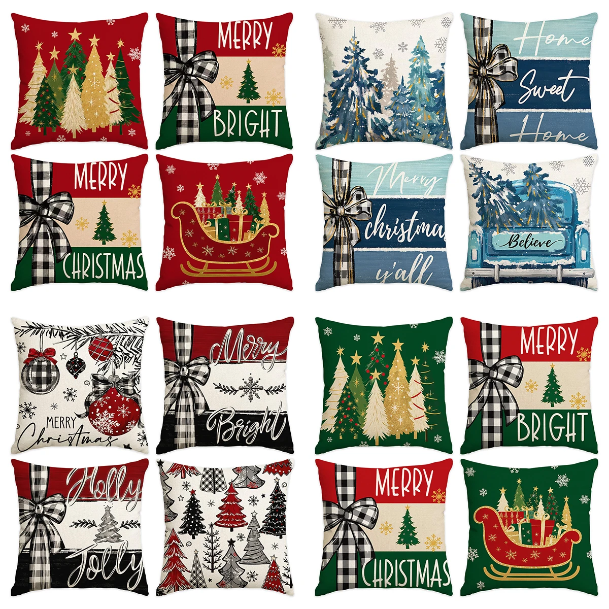 4Pcs Christmas Pillow Covers & Pillow Cases, Xmas Tree Sleigh Vintage Truck Ornament Pattern, Xmas Decor for Living Room Bedroom